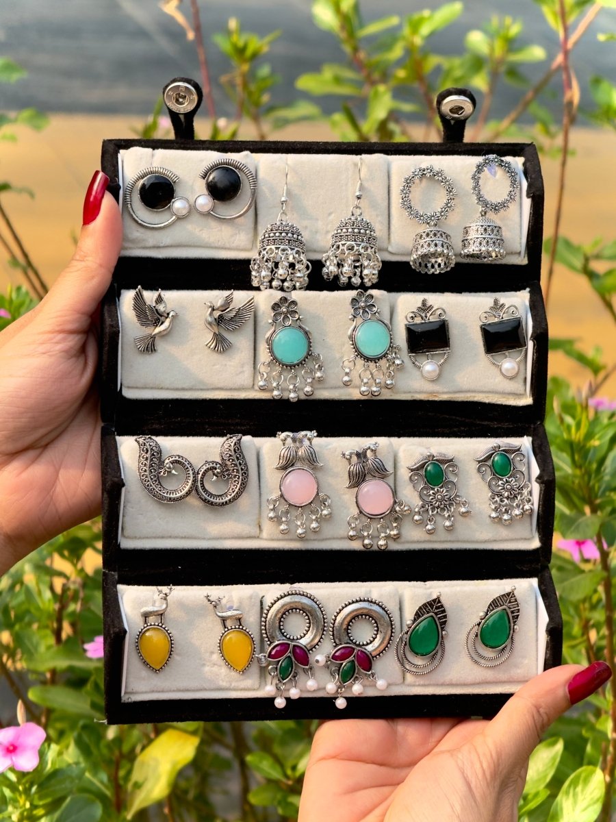 12 - Piece Oxidized Earrings Set + Free Jewelry Box - Flaunt